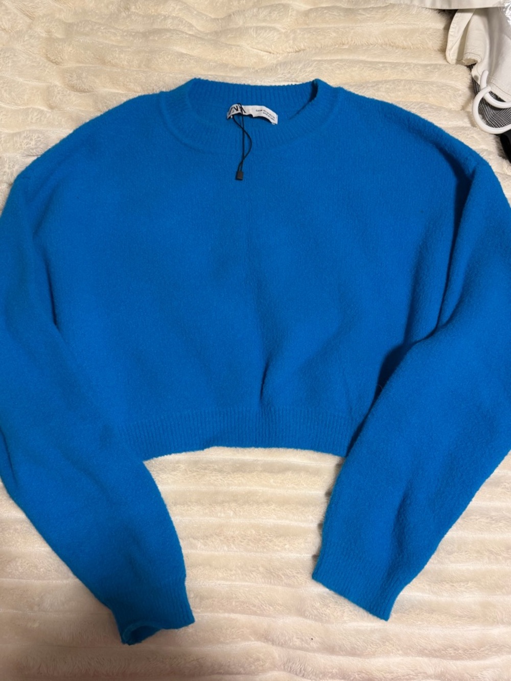 Zara Electric Blue Cropped Knit Crewneck